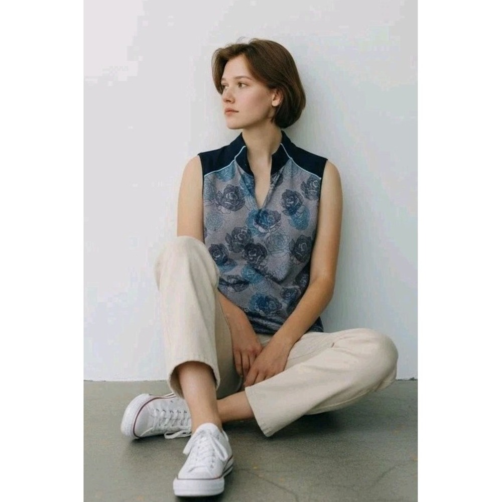 Lady Hagen Women's M Medium Golf Shirt Sleeveless Polo Gray Blue Floral Rose NEW